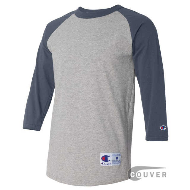 Champion Cotton Tagless Raglan Baseball T-Shirt - Gray / Navy - side view