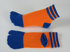 split socks orange with blue stripes on ankle