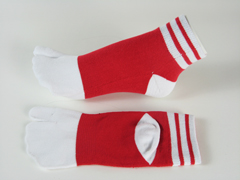 split socks red with white stripes on ankle
