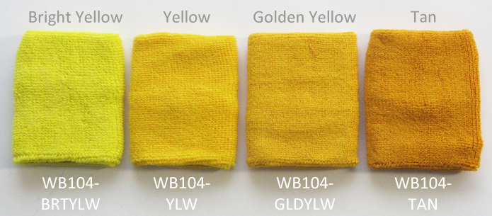 Comparing Bright yellow, Regular Yellow, Golden Yellow, and Tan Sweat Wristbands